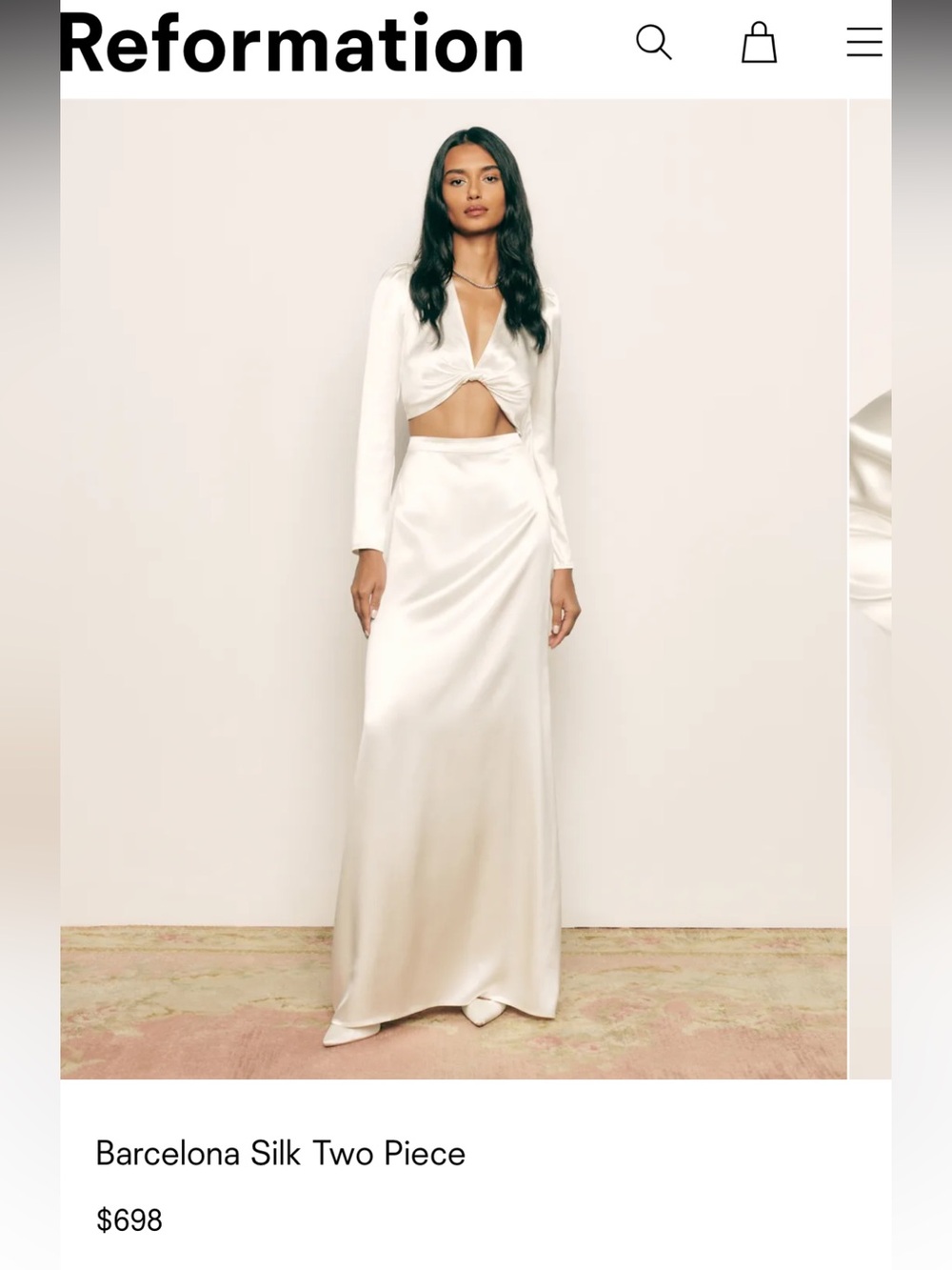 NWT Reformation Cream Silk 2 Piece